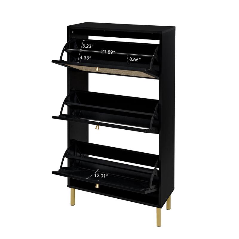 Shoe Storage Cabinet with 3 Flip Drawers, Freestanding 3-Tier Shoe Rack, Slim Shoe Organizer with Half Round Woven Rattan Doors