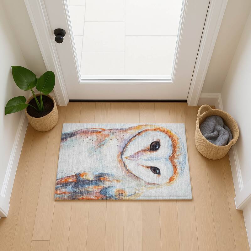 Machine Washable Indoor/ Outdoor Modern Owl Chantille Rug