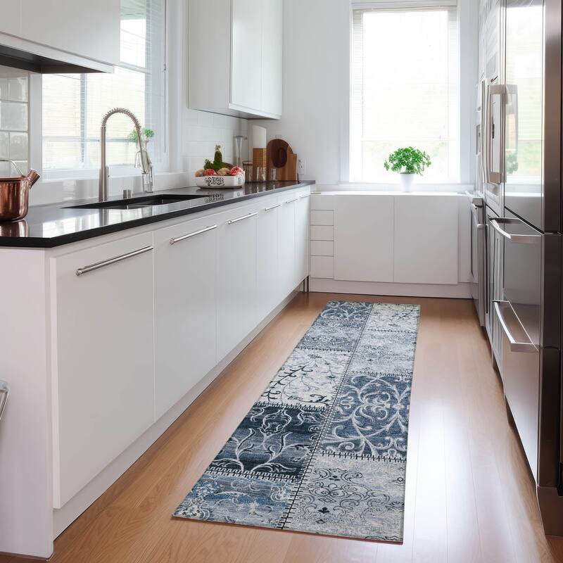 Machine Washable Indoor/ Outdoor Traditional Patchwork Chantille Rug - Denim - 2'3" x 7'6"