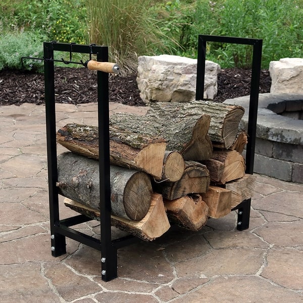 Sunnydaze Indoor-Outdoor Black Steel Firewood Log Rack and Cover