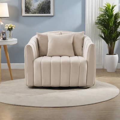 Velvet 360° Swivel Barrel Chair with 3 Pillows, Channel Tufted Design, Pocket Spring Cushion and 350lb Weight Capacity