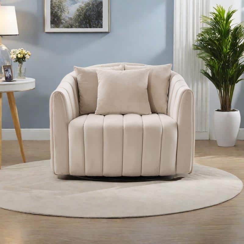 Velvet 360° Swivel Barrel Chair with 3 Pillows, Channel Tufted Design, Pocket Spring Cushion and 350lb Weight Capacity