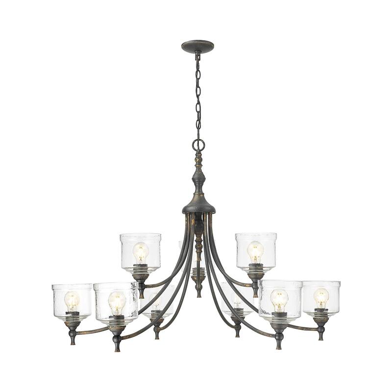 Keating 9 Light Chandelier in Antique Black Iron with Hammered Water Glass Shade