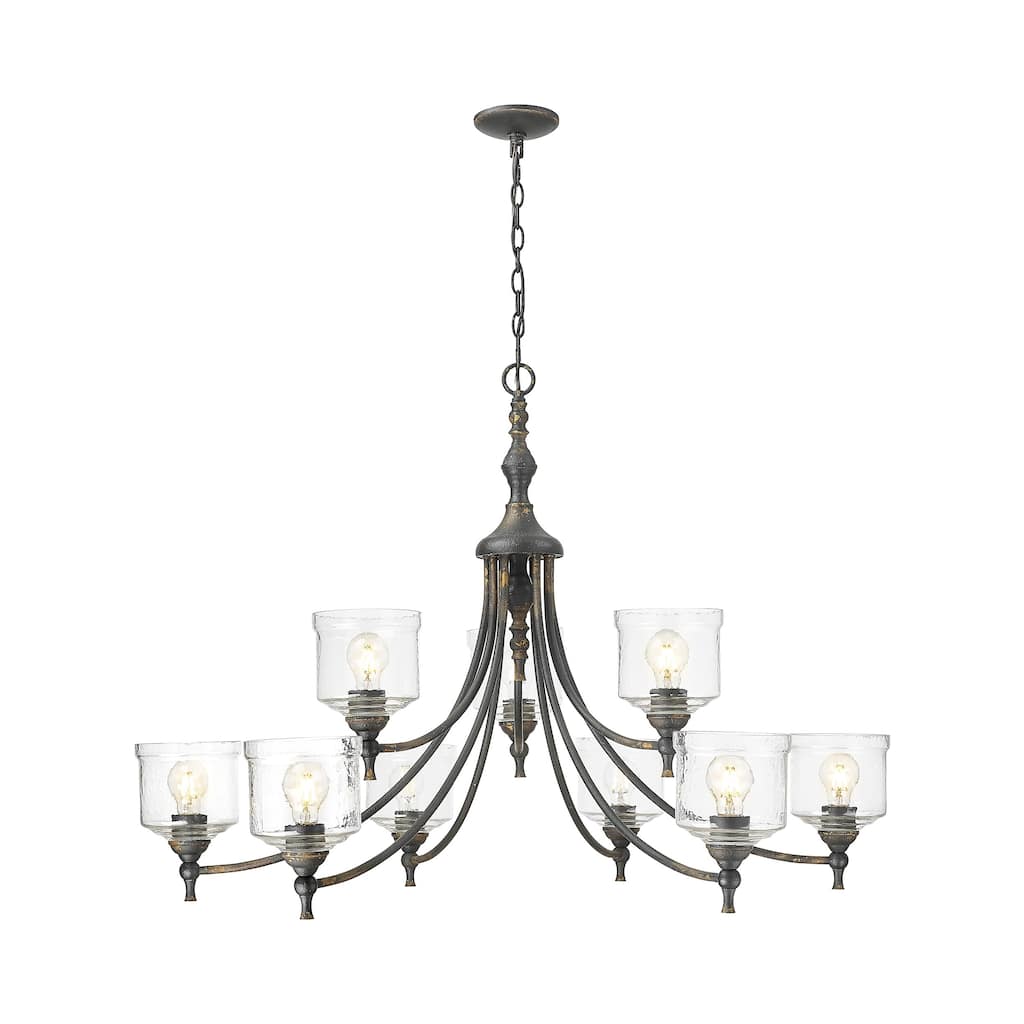 Keating 9 Light Chandelier in Antique Black Iron with Hammered Water Glass Shade