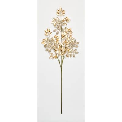 30" Glittered Leaves Spray, Gold, Set of 3 - Gold