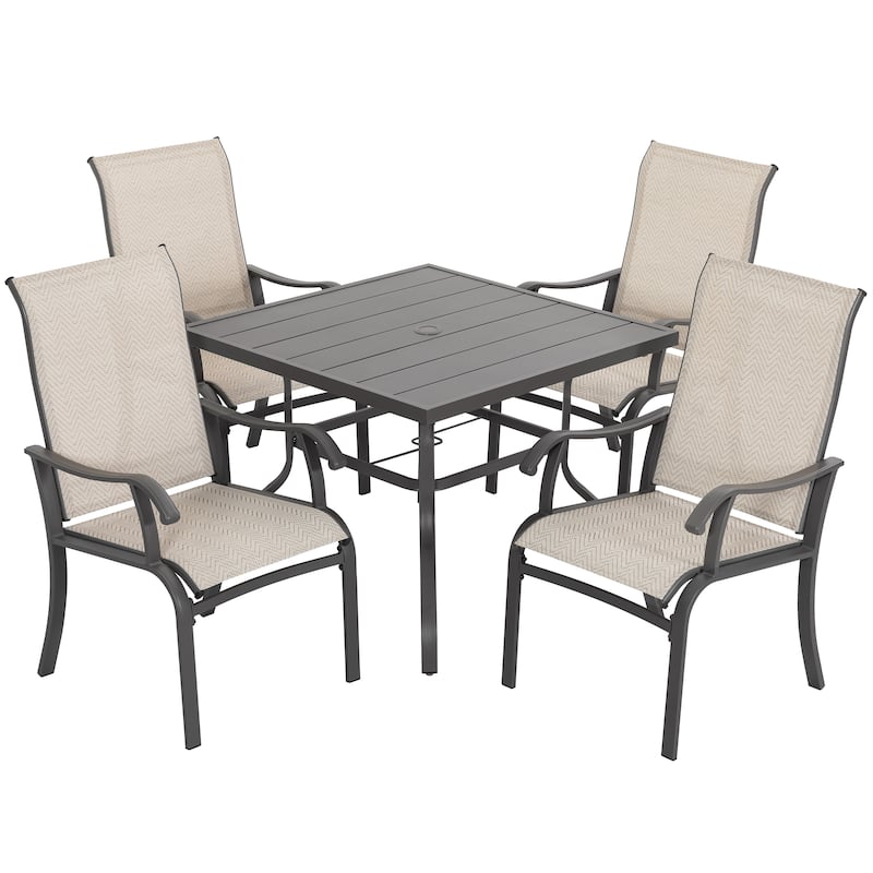 Patio Metal Textilene Dining Set of 5 with Umbrella Hole and High Backrest