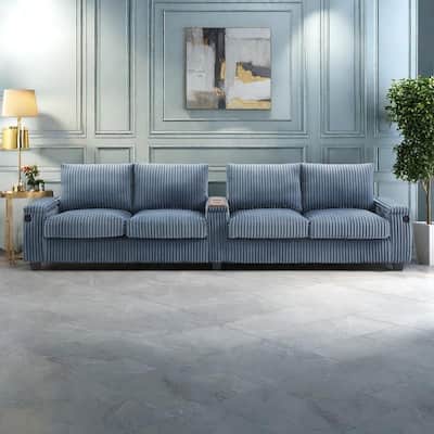 133" Corduroy 4-Seater Sofa with USB Ports, Hidden Storage Arms & Flip-Top Cup Holders