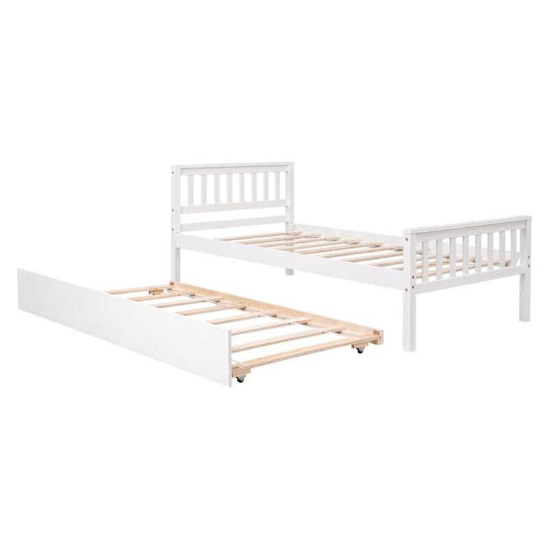 Twin Size Platform Bed Frame with Trundle Bed, Headboard and Footboard, Wooden Slat Support