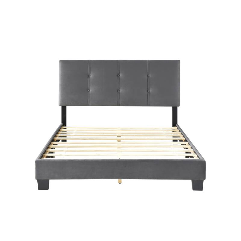 Dark Gray Velvet Upholstered Full Platform Bed with Adjustable Height Headboard