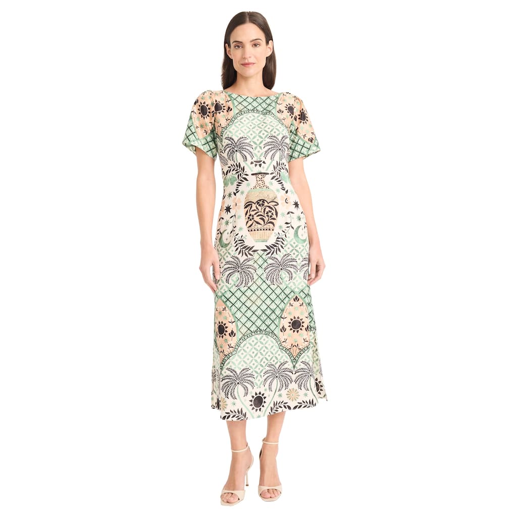 Boatneck Short Sleeve Sheath Midi Dress With V Back And Back Zipper