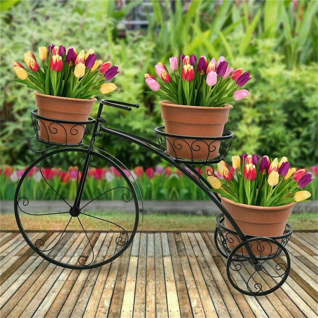 Tricycle Iron Planter Stand 3 Potted Metal Bicycle Shape Plant Flower Pot Rack