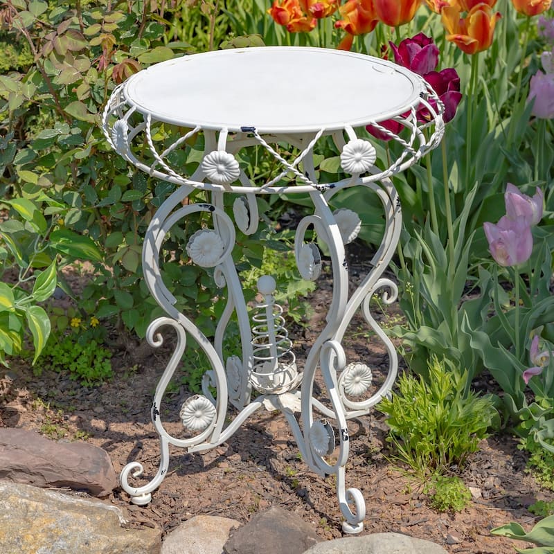 25.2 Inch Tall Round Iron Table with Flower Accents - 20.4" L x 20.4" W x 25.2" H - Antique White