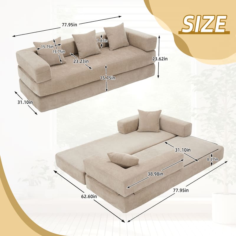 GALDWIN Chenille Upholstered Convertible Folding Sofa Bed with Pillows for Living Room