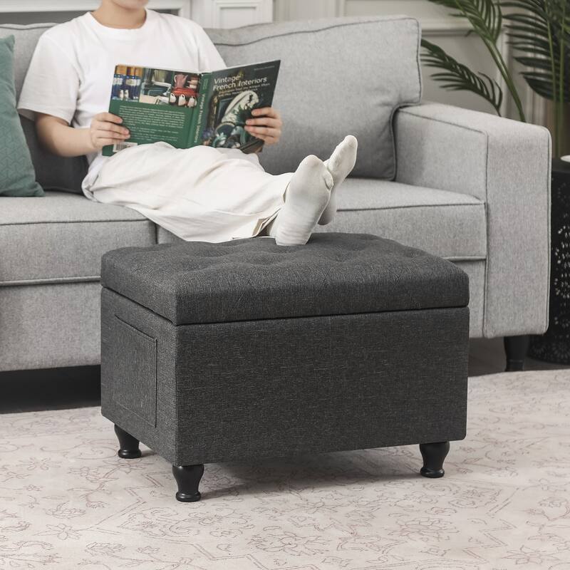 Adeco Linen Fabric Storage Ottoman for Living Room Bedroom