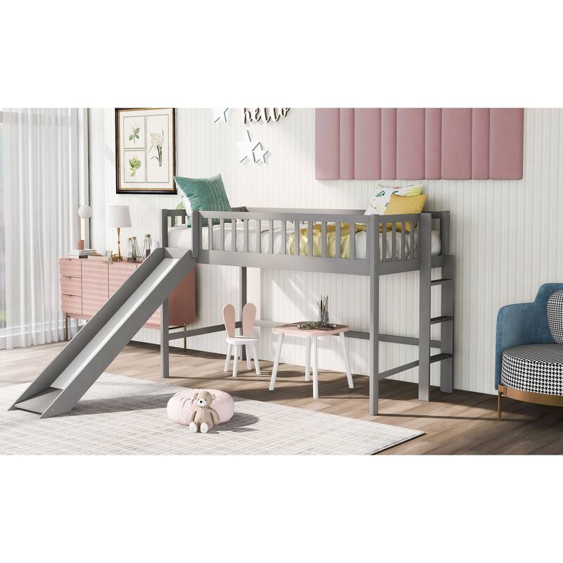 Gray Twin Low Loft Bed with Removable Slide and Space-Saving Ladder