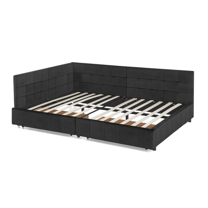 Full Size Upholstered Tufted Bed Frame with Backrest, Armrests, and Storage Drawers, Velvet Black