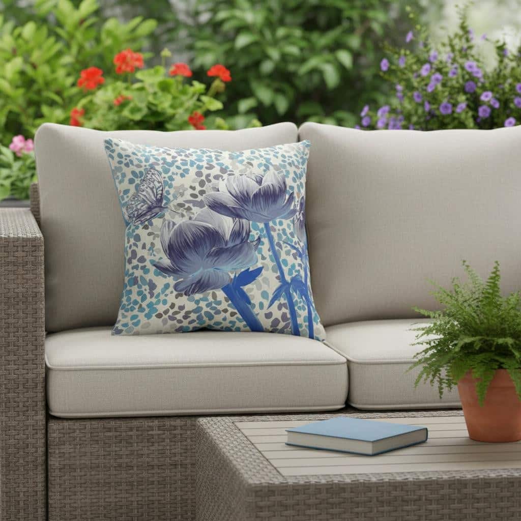 HomeRoots 16" x 16" Gray Butterfly Blown Seam Floral Indoor Outdoor Throw Pillow - 16.00' X '5.00' X '16.00