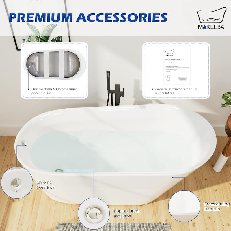 63 in. Acrylic Flatbottom Freestanding Bathtub Soaking with Pop Up Drain