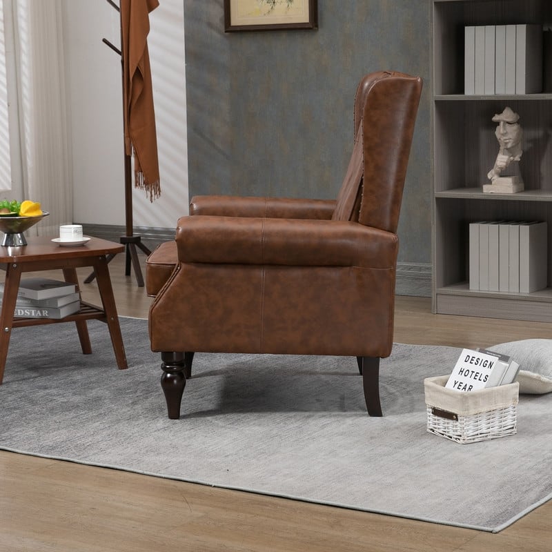 Modern Wood Frame Accent Armchair - Supportive PU Leather Lounge Chair for Living Room & Bedroom