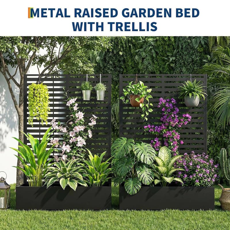 72"*47"*16" Galvanized Raised Garden Bed with Trellis, Planter Box with Privacy Screen