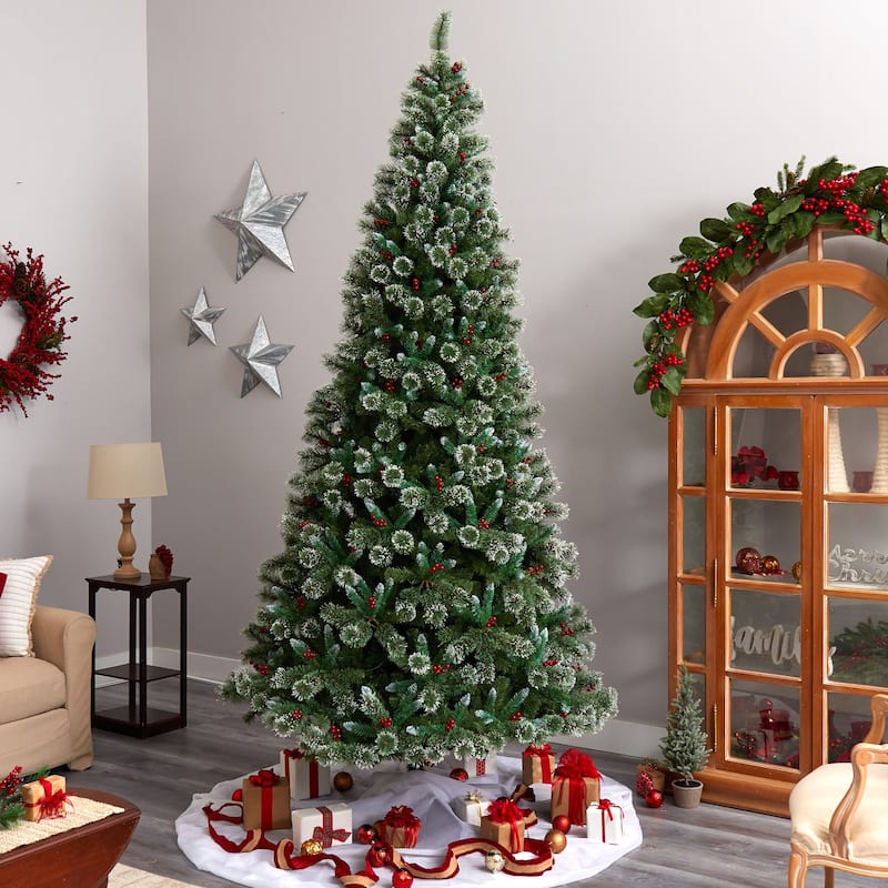 10ft Artificial Christmas Tree Prelit Swiss Pine Frosted Holiday Tree with Lights & Stand - Green - 120