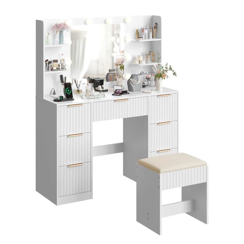 Particle Board Laminated with Textured Melamine, 7-Drawer 4-Tier Shelf, with 10 Three-Color Dimmable Bulbs, Dressing Table Set