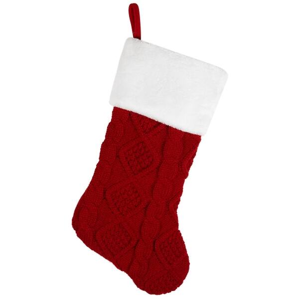 slide 2 of 5, Cable Knit with Faux Fur Cuff Christmas Stocking - 20.5" - Red and White