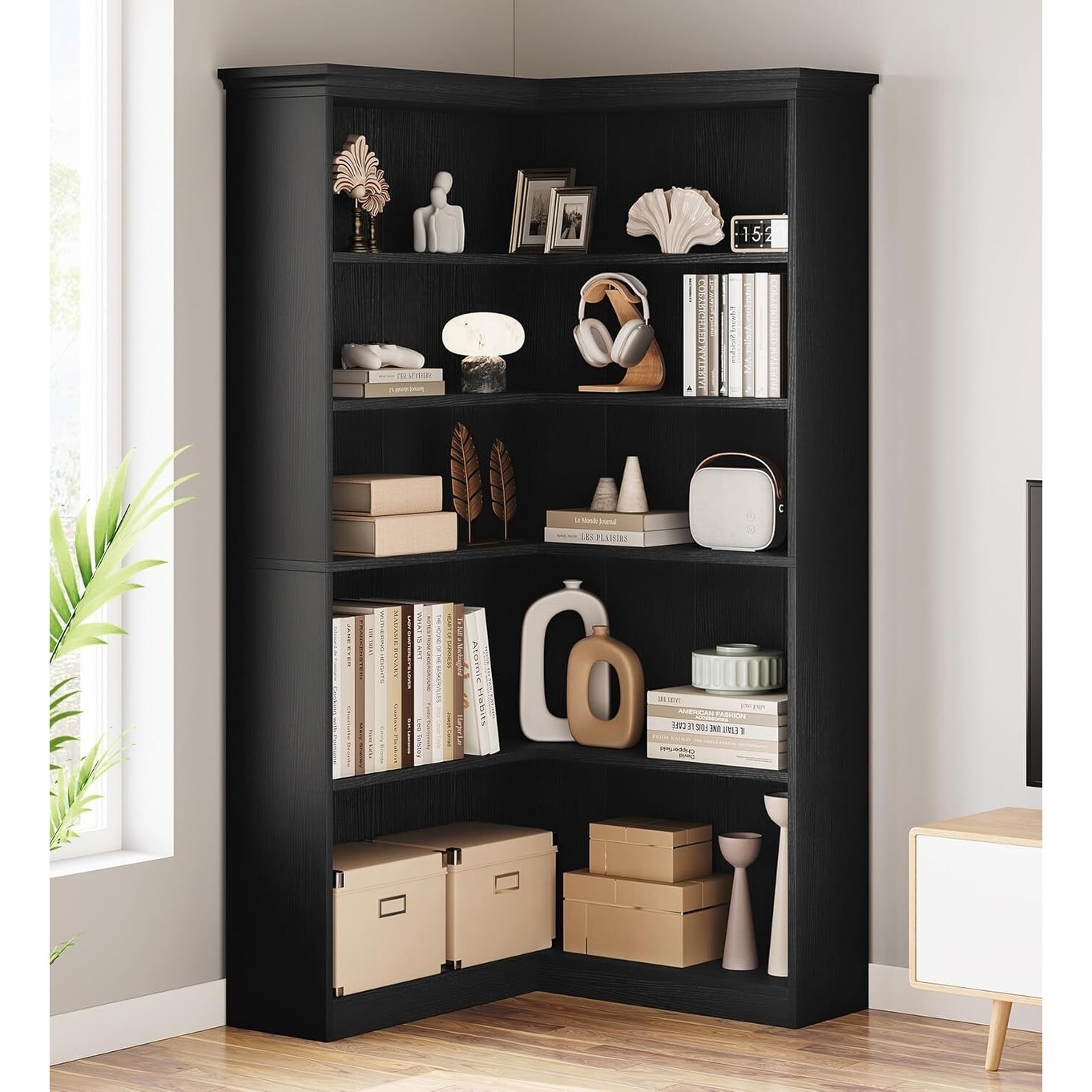 5 Tier Corner Bookshelf,72.8in Farmhouse Bookcase,Large Wood Bookshelves,Tall L Shaped Bookshelf, Storage Display Rack