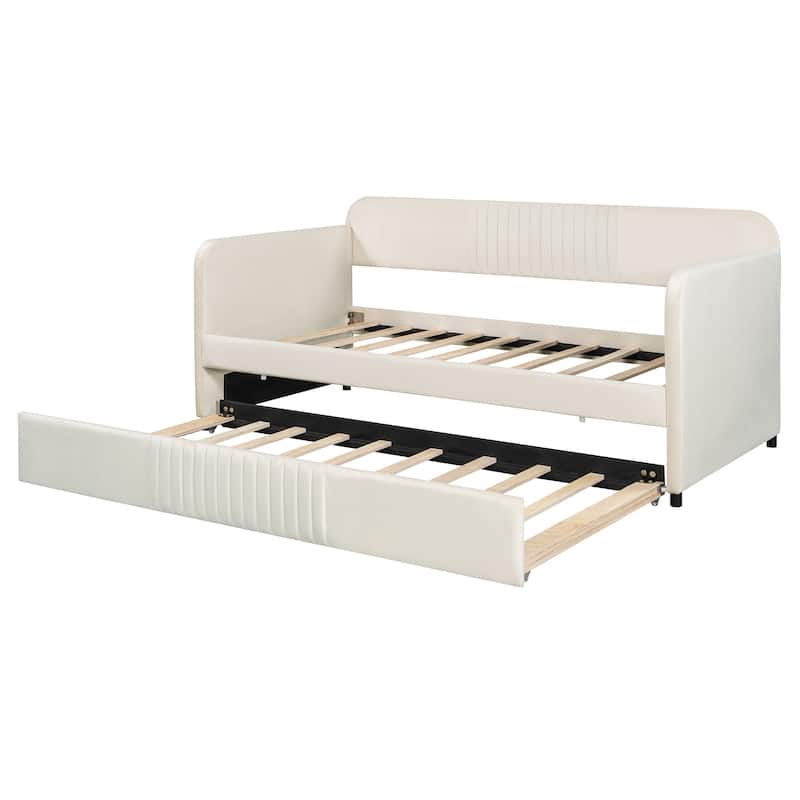 Elegant Velvet Upholstered Twin Daybed Sofa with Trundle and Wooden Slats