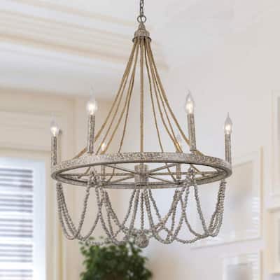 Boho Empire Wood Beads 6-Light Wagon Wheel Chandelier with Rope for Living Room - D25.5'' x H97.5''