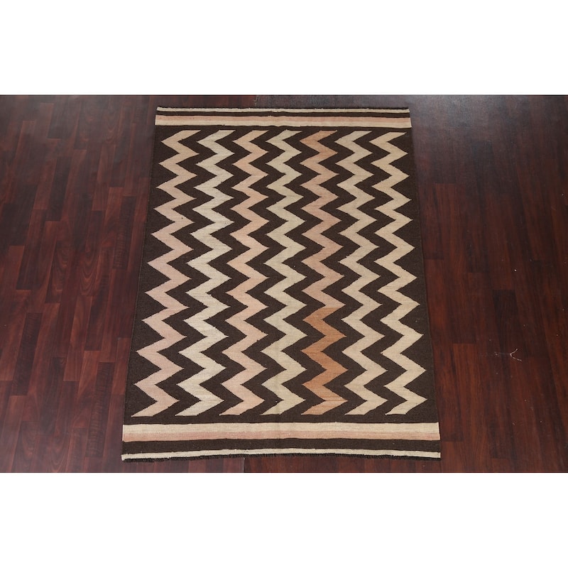 Chevron Style Kilim Natural Dye Wool Area Rug Flat-weave Foyer Carpet - 5'2" x 6'11"