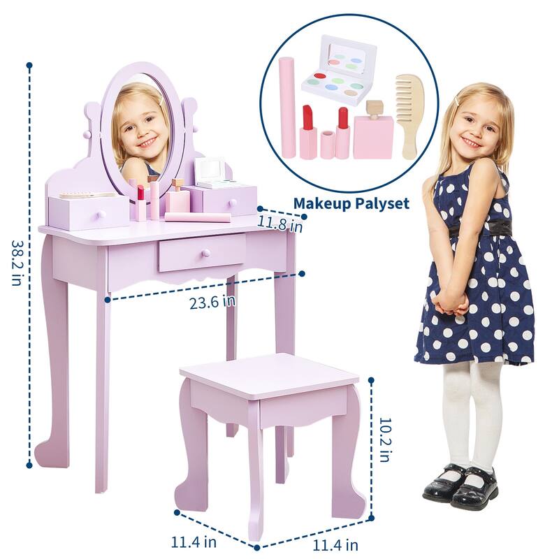 Kids Vanity Set with Mirror & Stool, Wooden Princess Makeup Dressing Table with Drawers for Girls Ages 4-9 - N/A