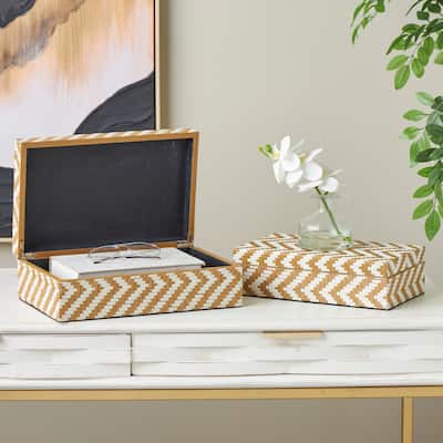 Brown Paper Handmade Woven Zig Zag Storage Geometric Decorative Box with Cream Accents (Set of 2)