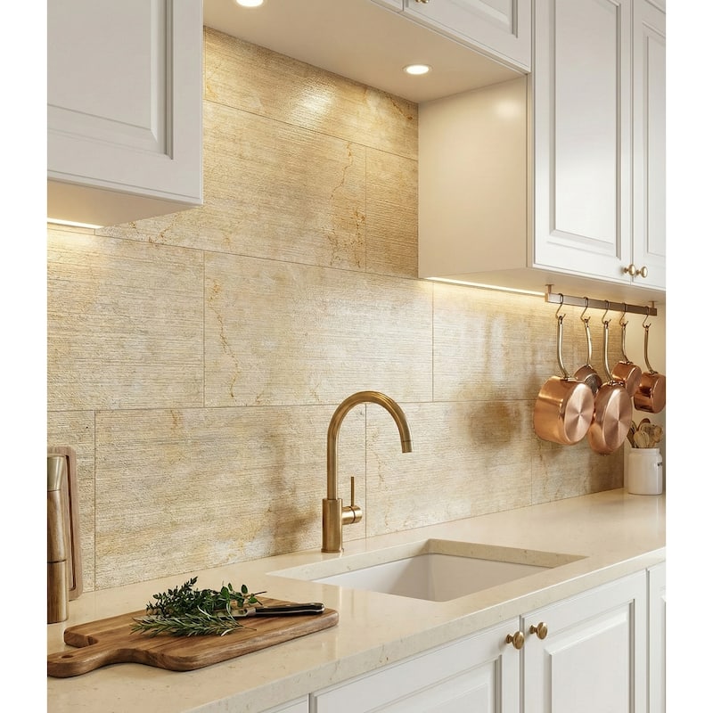 Roomfitters Natural Marble Tile, FS Textured 3D Fluted Stone for Wall, Genuine Marble, 4-Piece Box, Gold Yellow Beige
