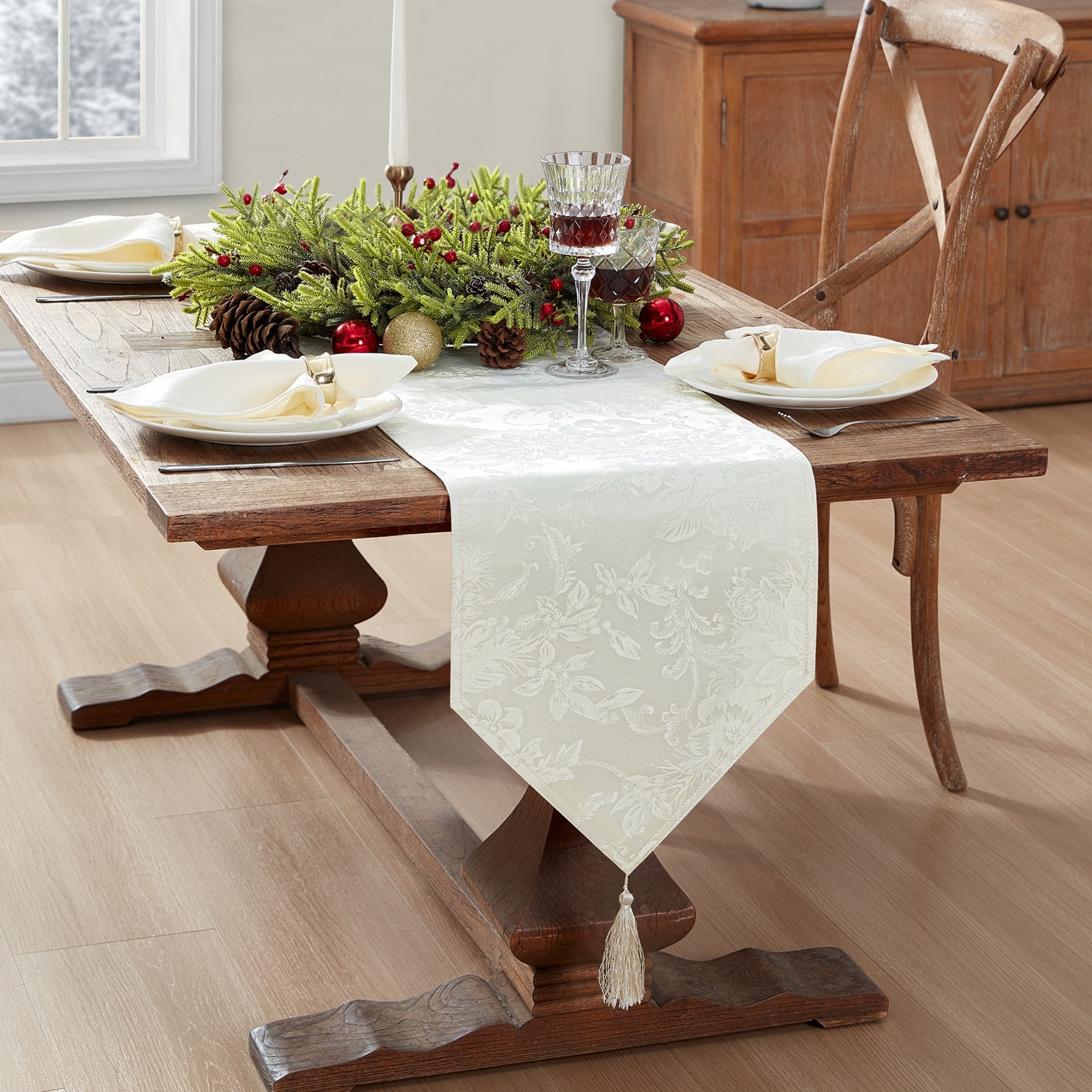 Poinsettia Elegance Jacquard Holiday Table Runner - 13"x70"