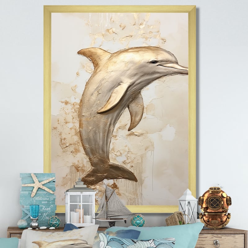 Designart "Beige And Gold Dolphin Happiness II" Animals Dolphin Framed Canvas Wall Art - 16 in. wide x 32 in. high - Gold