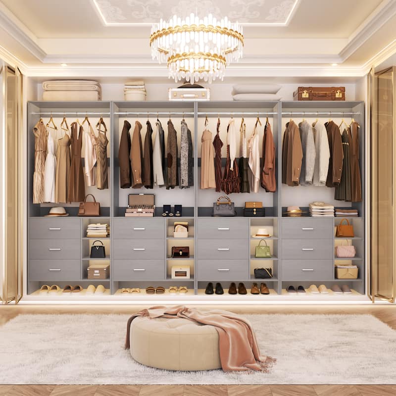 Cimly 30'' W Freestanding Closet System with Hanging Rod, Closet Organizer with Drawers and Shelves - 4pcs - Grey