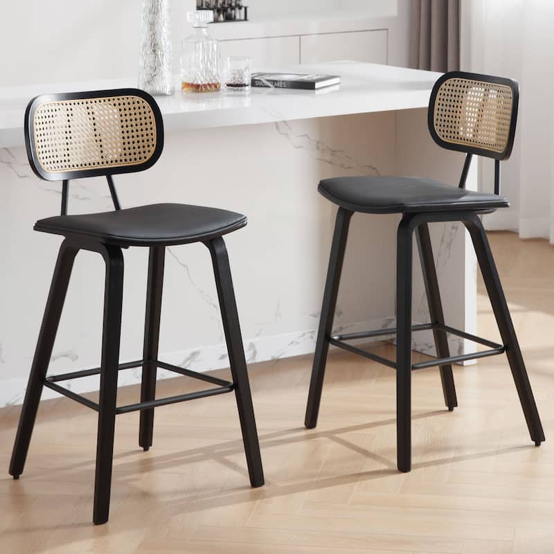 26-inch Wood Counter Height Bar Stools with Rattan Back