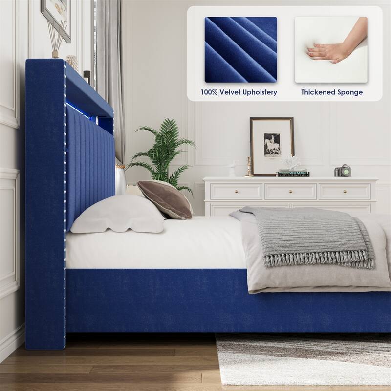 Full Size Velvet Platform Bed with LED Lights and Storage Headboard