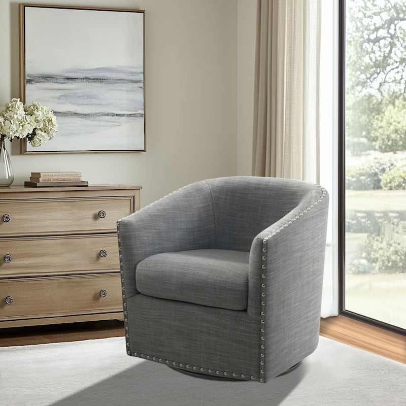 Madison Park Tyler Upholstered Swivel Barrel Chair with Nailheads