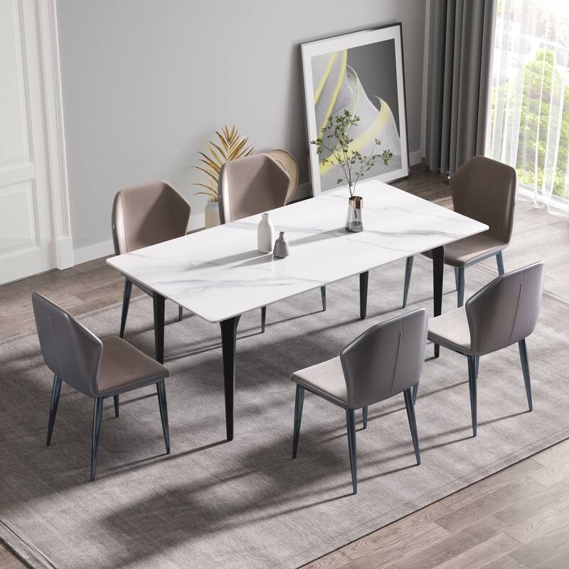 70.87" modern artificial stone white straight edge black metal leg dining table-can accommodate 6-8 people