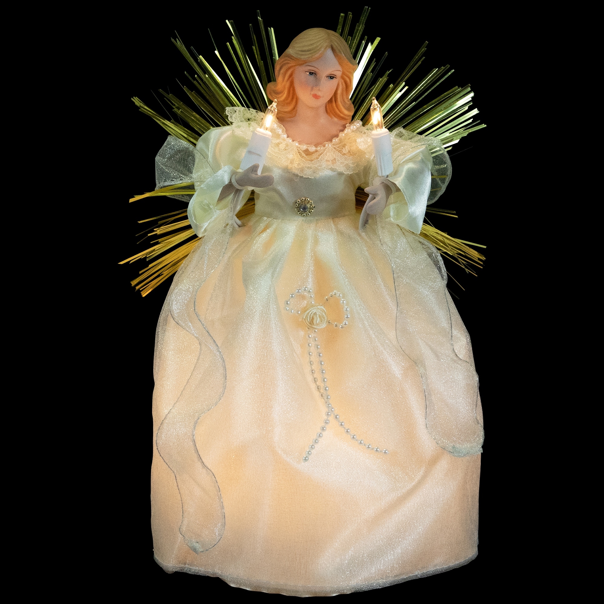 Angel with Candle Lighted Christmas Tree Topper - 10.5" - Gold - Clear Lights