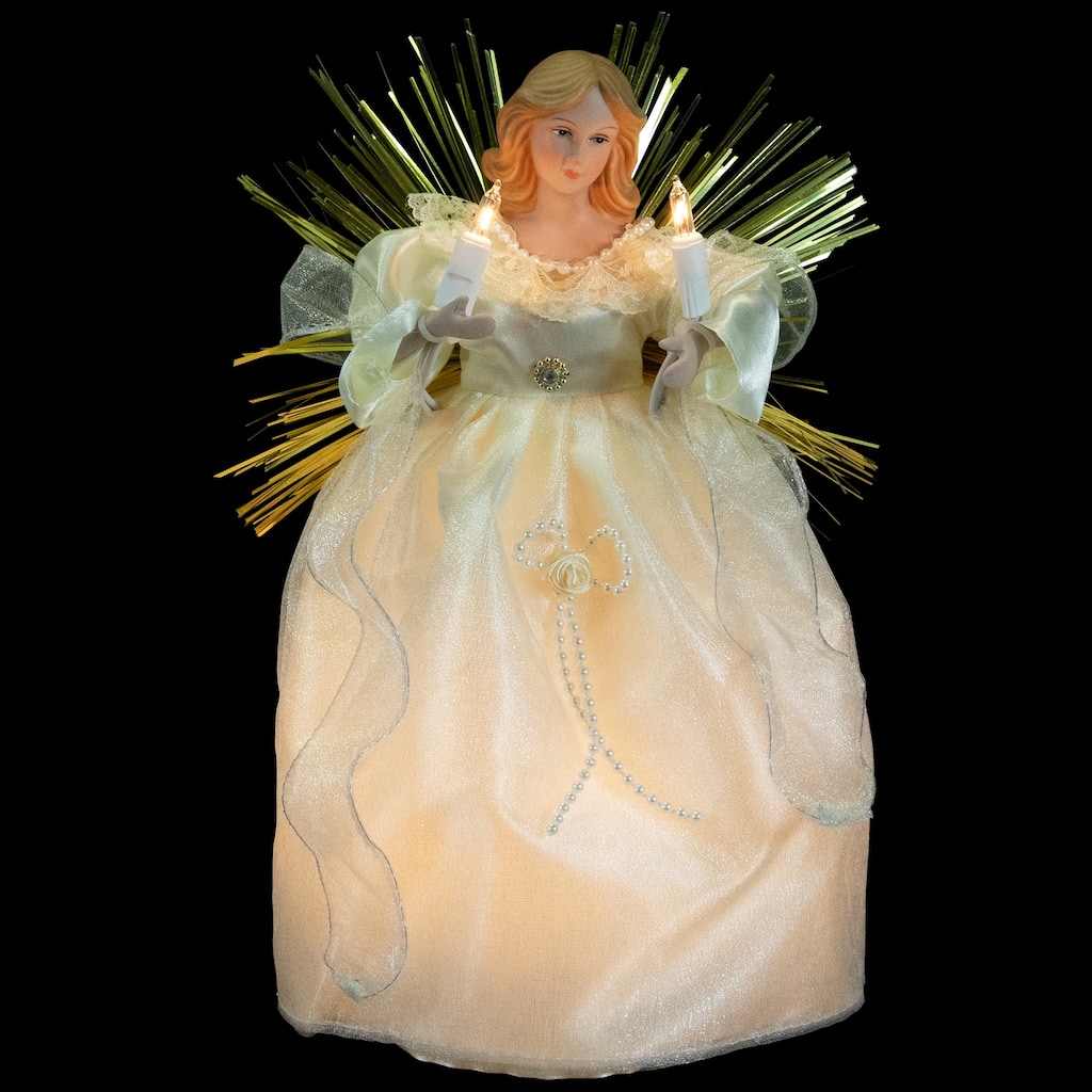 Angel with Candle Lighted Christmas Tree Topper - 10.5” - Gold - Clear Lights