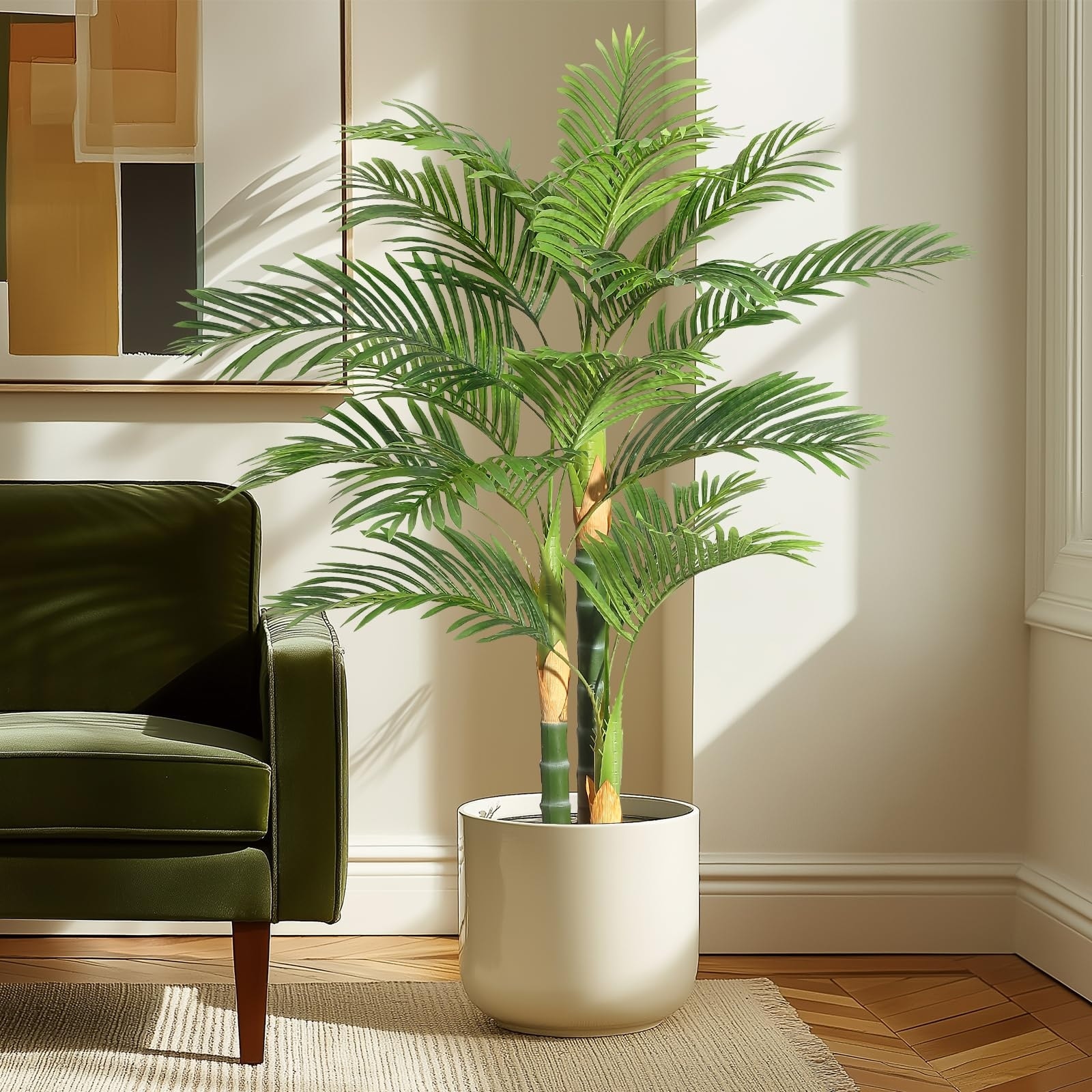 2 PCS Artificial Palm Tree Faux Plants Indoor with Trunks Faux Tropical Areca Floor Plant in Pot Artificial Silk Plant