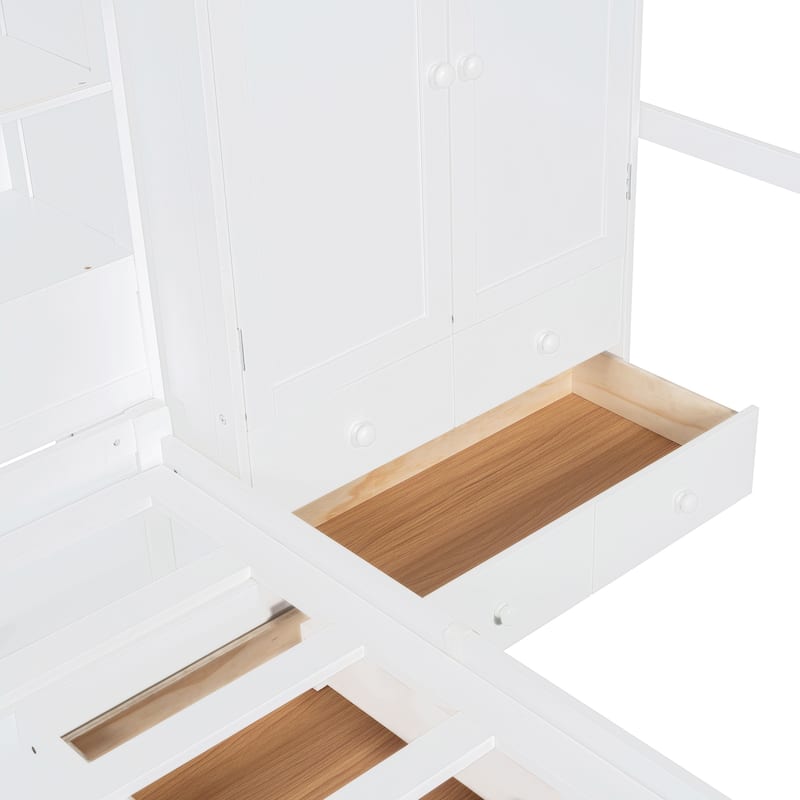 Twin Bunk Bed w/ Drawers, Wardrobe, Storage Shelves and Hydraulic Bed