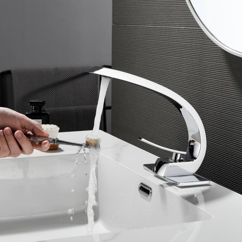 Modland C-Shaped Single Hole Bathroom Faucet, 500K Cycle CUPC Certified, 6-Inch Cover Plate, Black / Gold / Nickel / Chrome