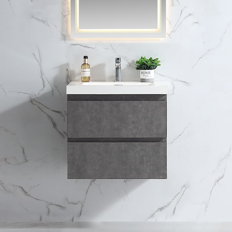 Floating Bathroom Vanity 24"-48" – Cement Gray Finish, White Integrated Sink