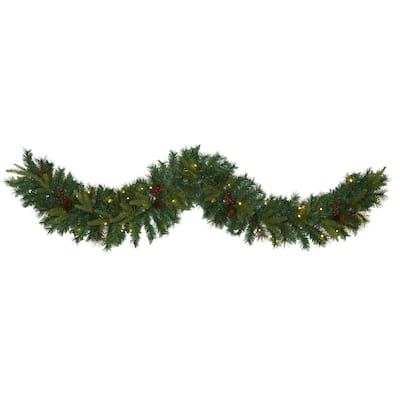6' Mixed Pine Christmas Garland with 35 Clear LED Lights, Berries