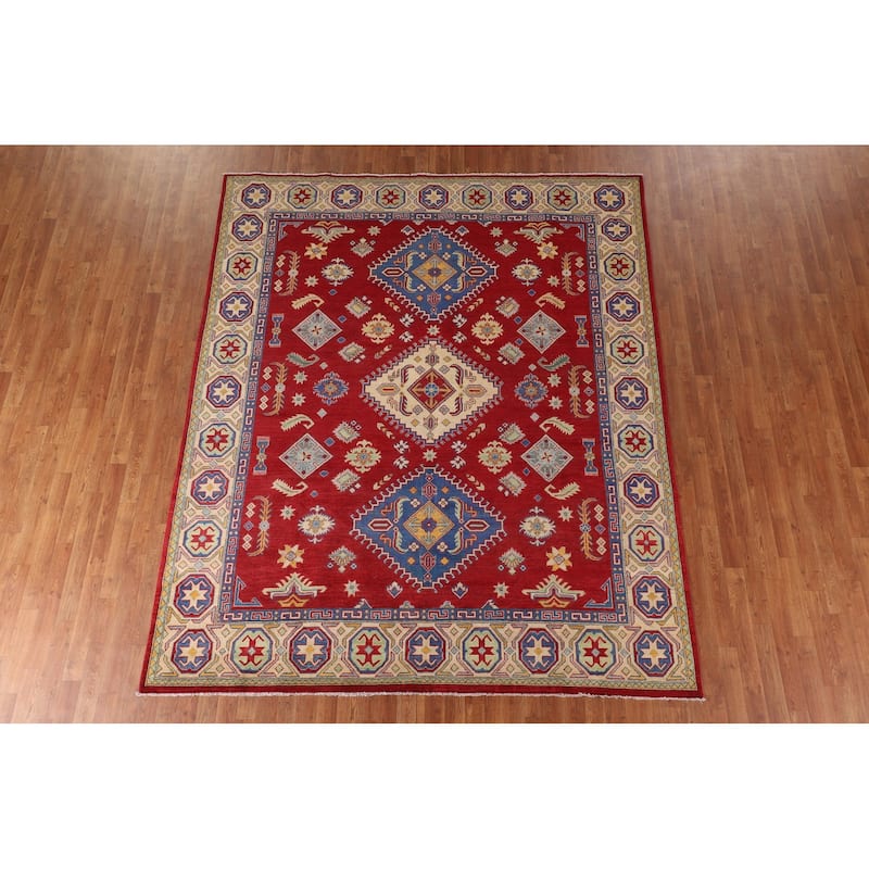 Red Geometric Kazak Rug Handmade Wool Carpet - 7'10"x 9'6"