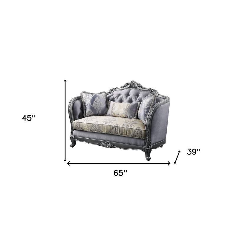 HomeRoots 65" Gray And Platinum Silk Blend Loveseat and Toss Pillows
